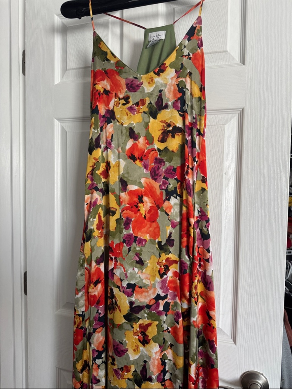 Lush Olive Green Floral Slip Maxi Dress with Multicolor Blooms Sz M